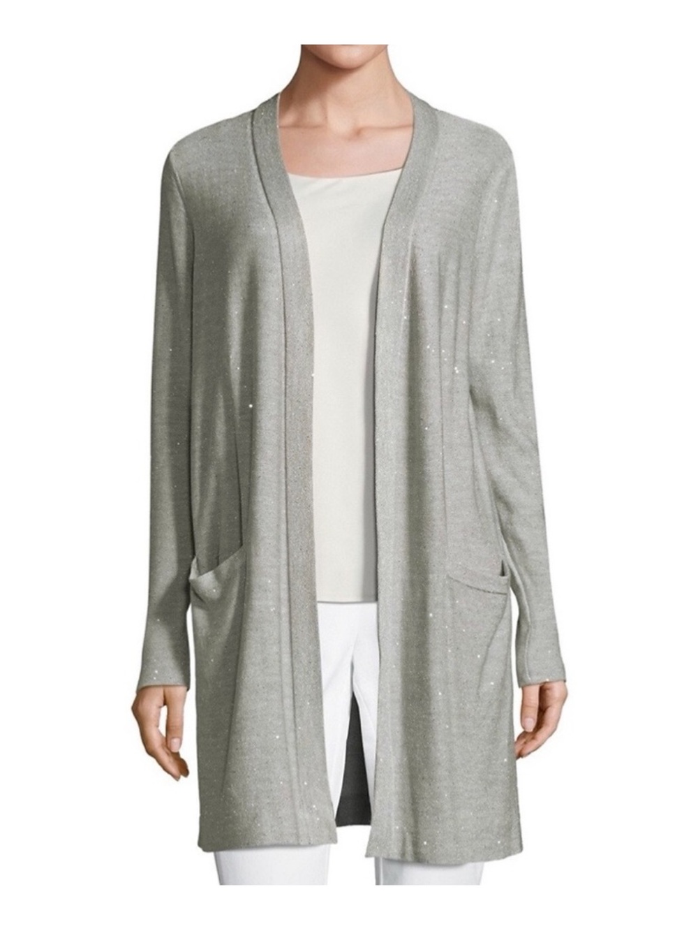 Lafayette 148 Silk Cotton Long Line Metallic Cardigan Size Small Silver Grey